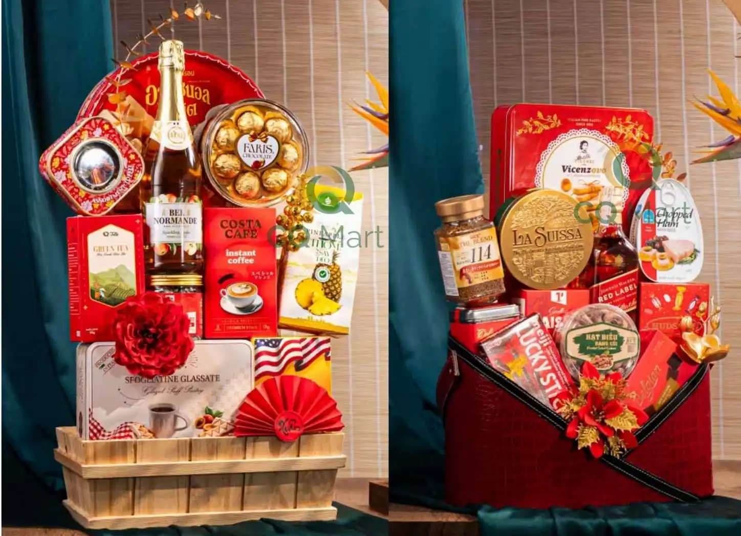 Set giỏ quà phối trà, cà phê, bánh kẹo